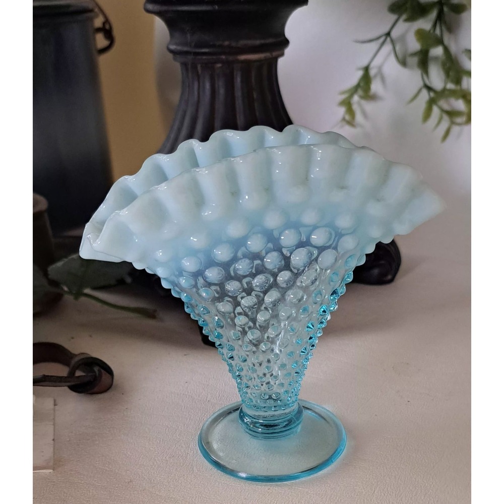 Vintage Fenton Opalescent Blue Hobnail Fan Vase